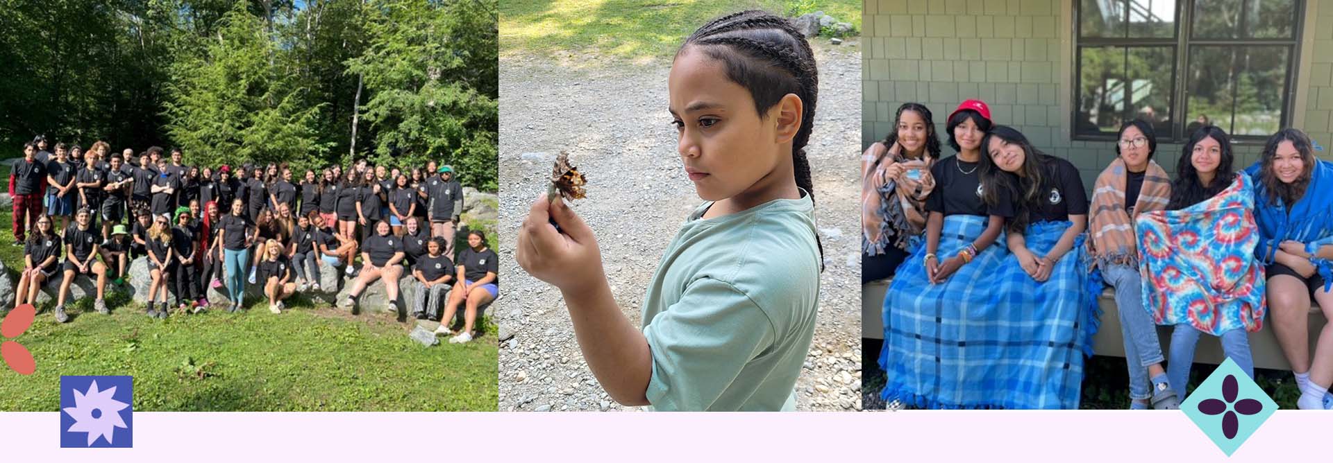 Collage of camp hope students smiling, hanging out together and being in nature.