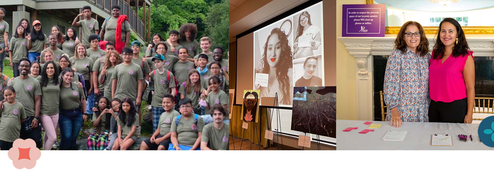 collage of camp hope group photos, remembering those affected by dv, and volunteers at community table